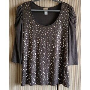 Janette Plus USA Women's Top Size 3XL Brown Gold Sequins Bling Vintage Sparkle